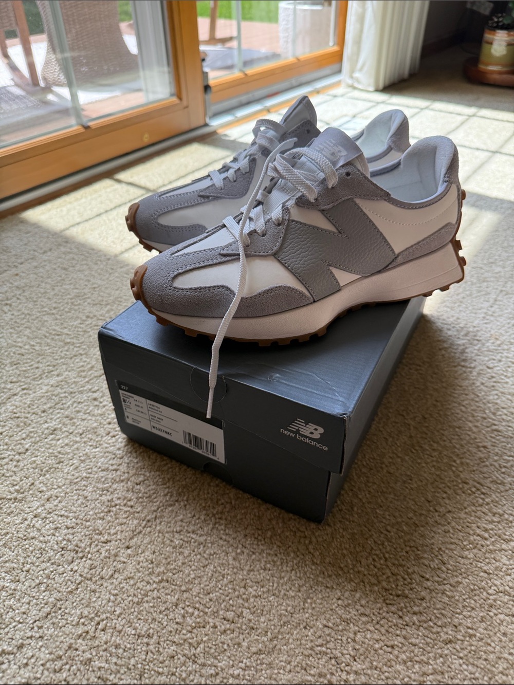 New in box New Balance grey and white size 8 1/2 327 athletic shoe